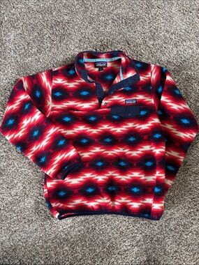 Patagonia Red, Blue & White Patterned Synchilla Snap-T Fleece Pullover
